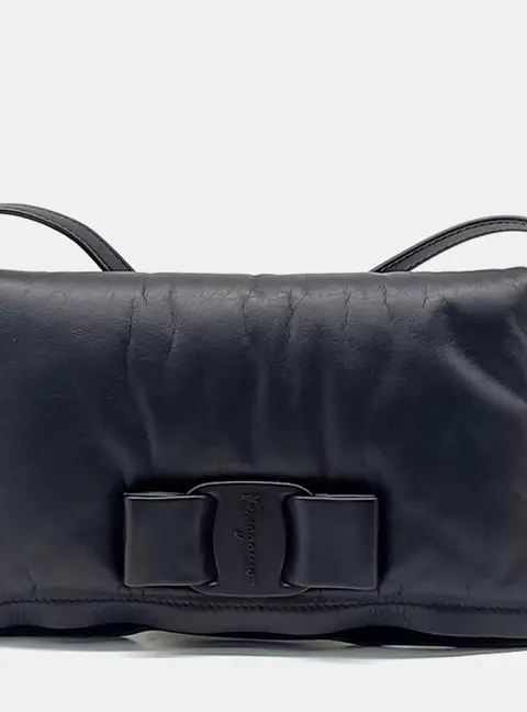 Salvatore Ferragamo Black Leather Ferragamo Viva Bow Crossbody Bag