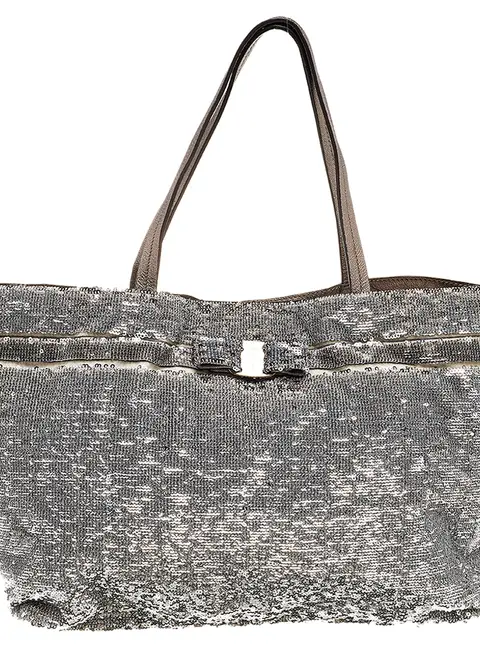 Salvatore Ferragamo Grey Leather, Nylon and Sequins Tote Bag