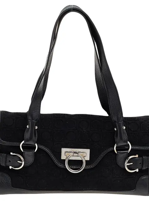 Salvatore Ferragamo Black Gancini Velvet And Leather Shoulder Bag