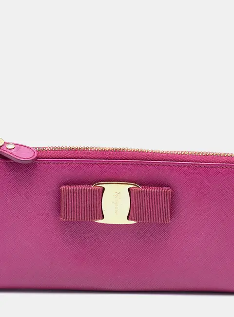 Salvatore Ferragamo Pink Saffiano Leather Vara Bow Zip Continental Wallet