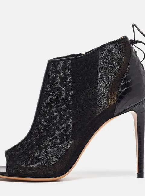 Salvatore Ferragamo Black Lace and Python Nufus Open Toe Booties Size 39.5