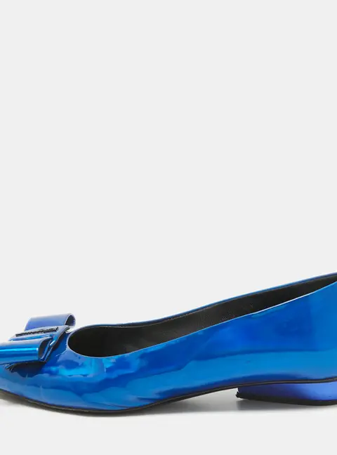 Salvatore Ferragamo Metallic Blue Patent Leather Viva Bow Ballet Flats Size 40