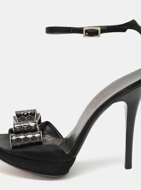 Salvatore Ferragamo Black Satin Bow Embellished Ankle Strap Sandals Size 38
