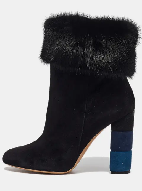 Salvatore Ferragamo Black Fur and Suede Loris Ankle Length Boots Size 40