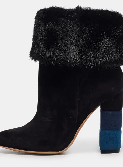 Salvatore Ferragamo Black Fur and Suede Knee Length Boots Size 37.5