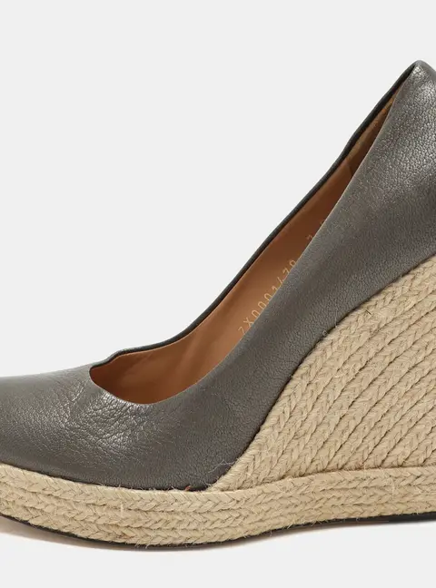 Salvatore Ferragamo Metallic Grey Leather Wedge Espadrille Pumps Size 37.5
