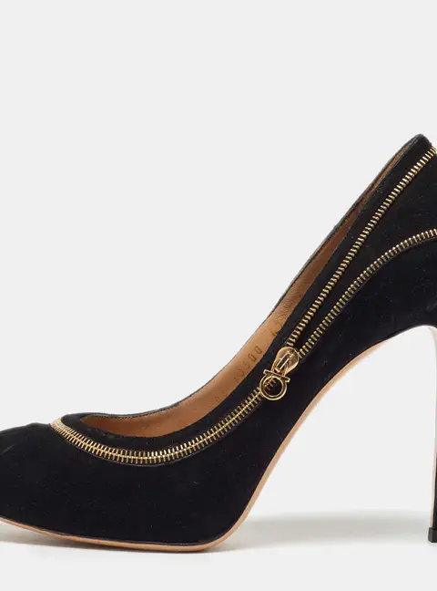 Salvatore Ferragamo Black Suede Rory Zipper Pumps Size 37.5