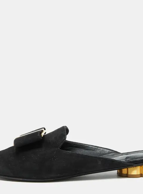 Salvatore Ferragamo Black Suede Bow Flat Mules Size 36.5
