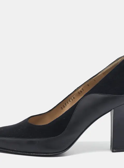 Salvatore Ferragamo Black Leather and Wool Block Heel Pumps Size 38.5