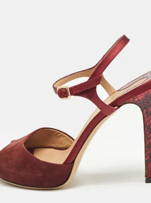 Salvatore Ferragamo Size 38.5 Burgundy Python Leather, Satin and Suede Ankle Strap Sandals