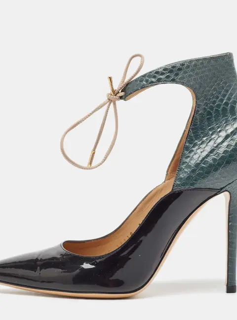 Salvatore Ferragamo Black/Green Patent Leather and Snakeskin Lace Up Pumps Size 38.5