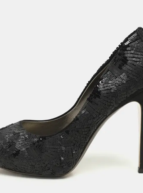 Salvatore Ferragamo Black Satin and Sequins Embellished Peep Toe Pumps Size 40