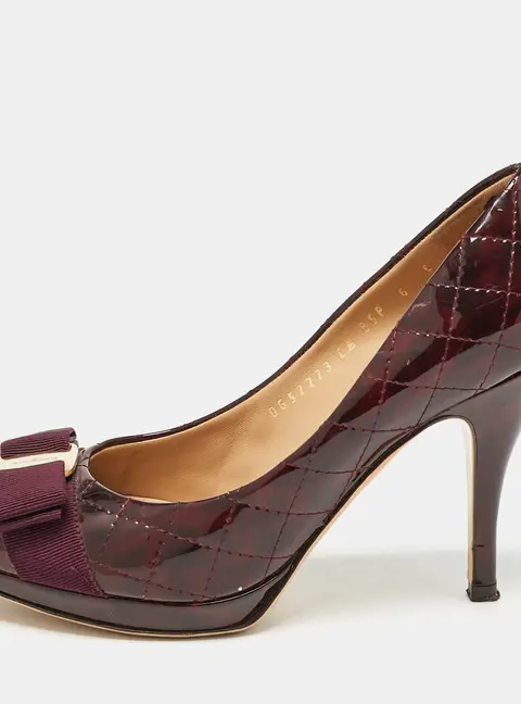 Salvatore Ferragamo Burgundy Quilted Patent Leather Vara Bow Pumps Size 36.5