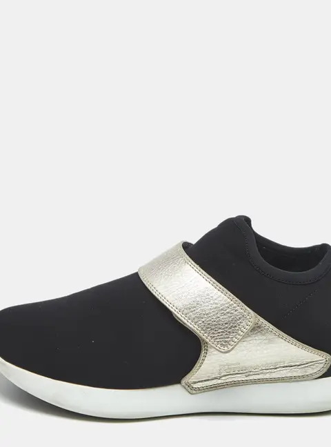 Salvatore Ferragamo Black/Gold Leather and Neoprene Palau Sneakers Size 38.5