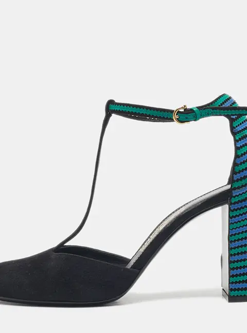 Salvatore Ferragamo Black/Blue Suede And Leather Fergie T-Strap Pumps Size 40.5