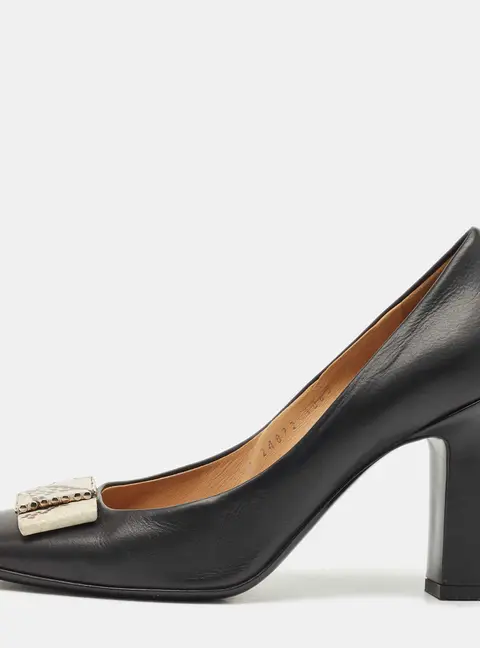 Salvatore Ferragamo Black Leather Vara Bow Block Heels Pumps Size 38.5