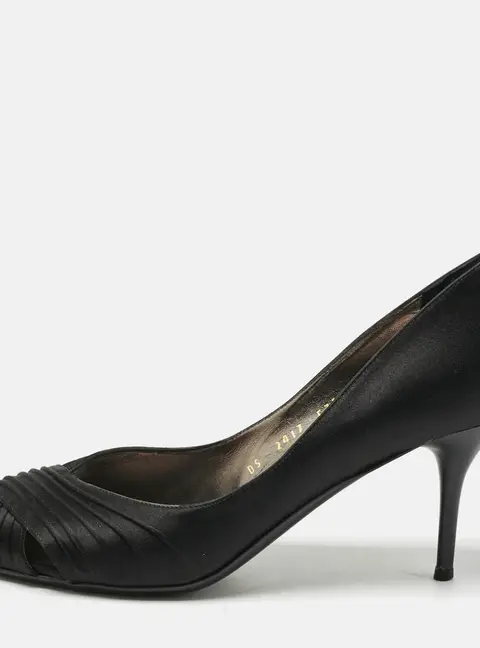 Salvatore Ferragamo Black Pleated Satin Societe Peep Toe Pumps Size 39.5