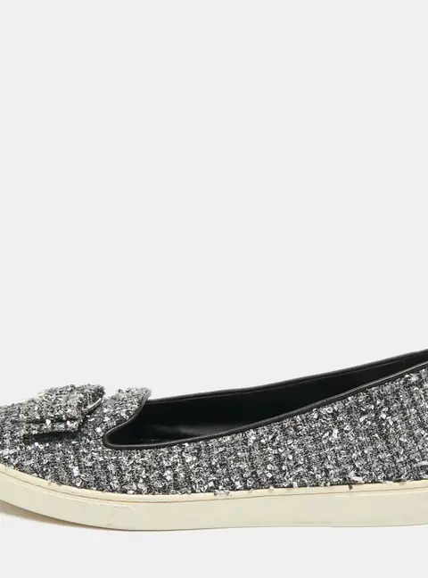 Salvatore Ferragamo Grey Tweed and Leather Novello Slip On Sneakers Size 38.5