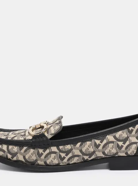 Salvatore Ferragamo Beige/Black Canvas and Leather Gancini Loafers Size 41