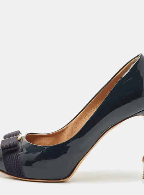 Salvatore Ferragamo Navy Blue Patent Leather Pimpa Platform Pumps Size 38