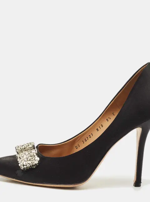 Salvatore Ferragamo Black Satin Crystal Embellished Vara Bow Pumps Size 40