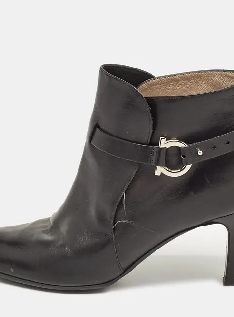 Salvatore Ferragamo Black Leather Gancini Ankle Length Boots Size 36.5