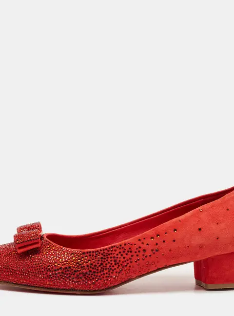 Salvatore Ferragamo Red Suede Crystal Embellished Vara Bow Block Heel Pumps Size 40.5