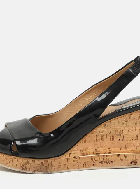 Salvatore Ferragamo Black Patent Leather Cork Wedge Slingback Sandals Size 39.5
