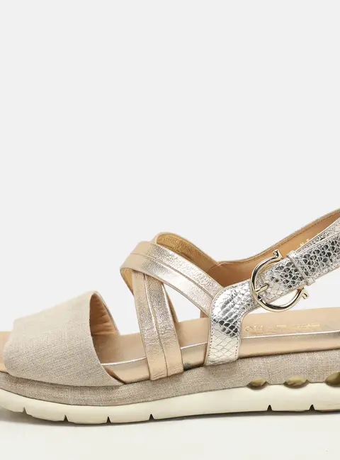 Salvatore Ferragamo Beige/Gold Canvas and Leather Gancini Platform Sandals Size 39