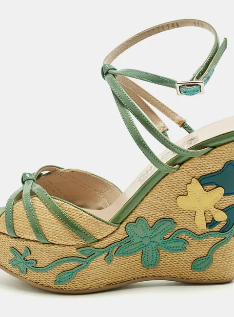 Salvatore Ferragamo Green Patent Leather and Raffia Wedge Sandals Size 36.5