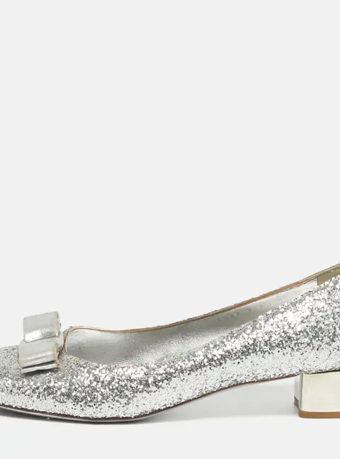 Salvatore Ferragamo Silver Canvas and Leather Garda Block Heel Pumps Size 40