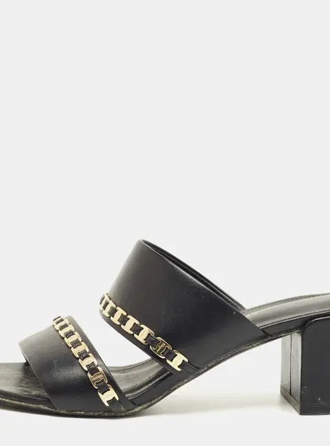 Salvatore Ferragamo Black Leather Trabia Chain Block Heel Slide Sandals Size 37