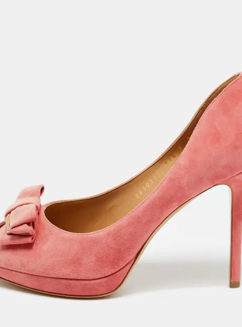 Salvatore Ferragamo Pink Suede Bow Peep Toe Pumps Size 39.5
