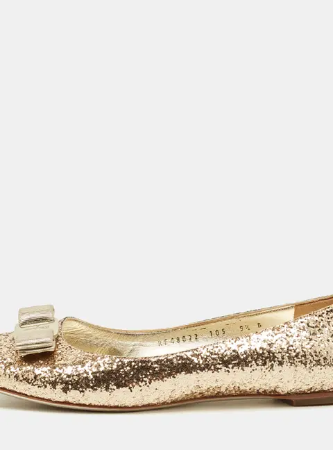 Salvatore Ferragamo Gold Glitter Varina Bow Ballet Flats Size 40