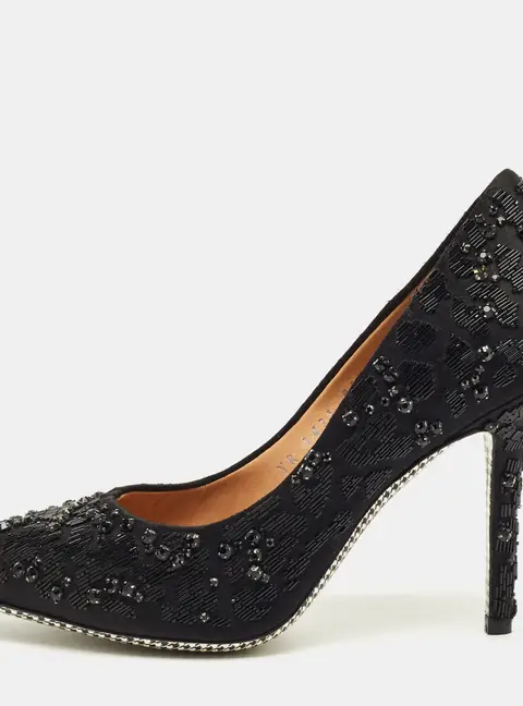 Salvatore Ferragamo Black Satin Crystal Embellished Pointed Toe Pumps Size 37