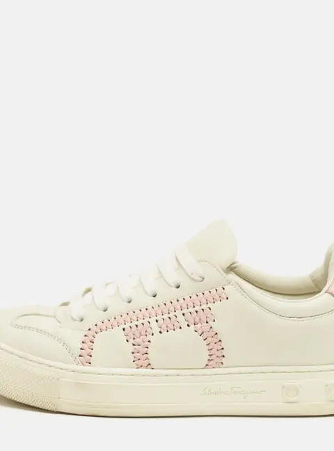 Salvatore Ferragamo Pink/White Leather Pedros Gancini Lace Up Sneakers Size 39.5