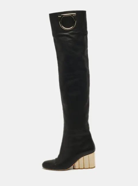 Salvatore Ferragamo Gancini Size 39 Black Leather Knee Length Boots
