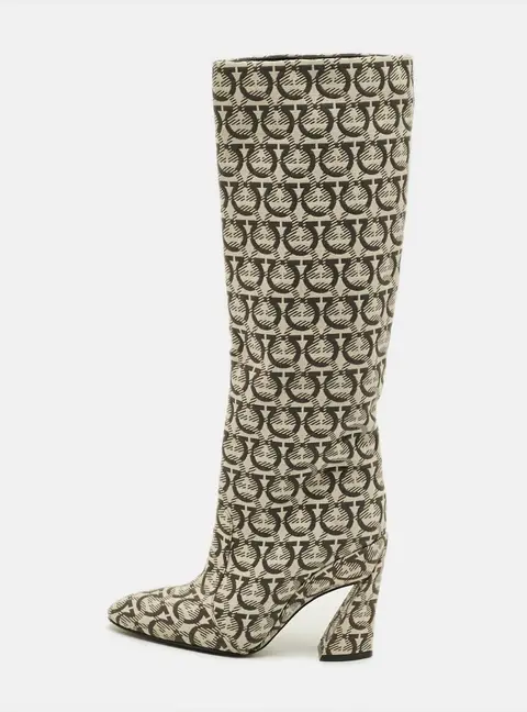 Salvatore Ferragamo Gancini Size 37 Cream/Black Canvas Knee Length Boots