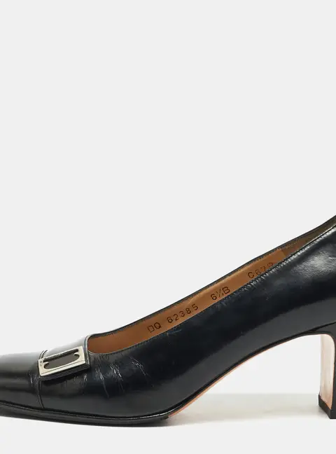 Salvatore Ferragamo Size 37 Black Leather Block Heel Pumps