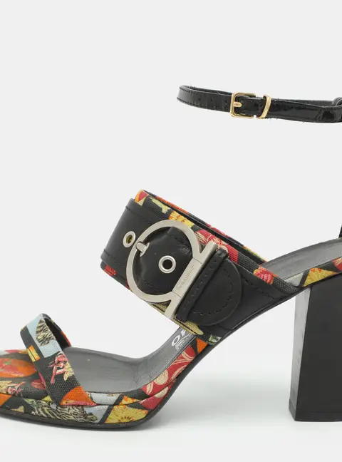 Salvatore Ferragamo Size 37.5 Multicolor Printed Canvas and Leather Ankle Strap Sandals