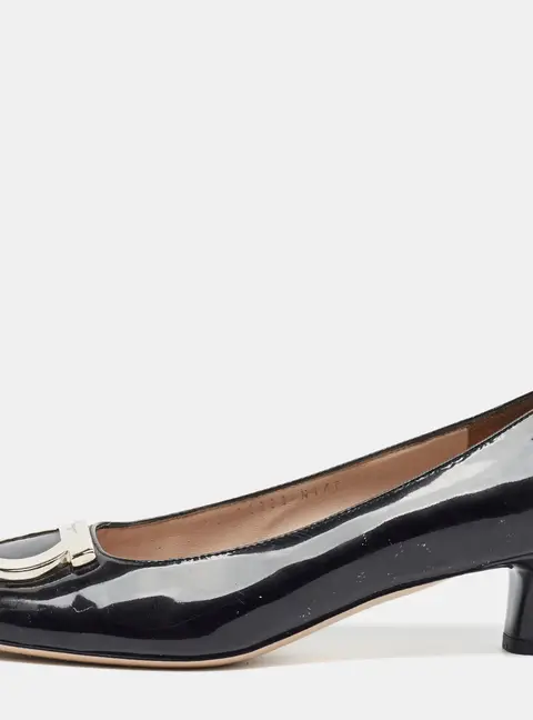Salvatore Ferragamo Ena Size 37 Black Patent Leather Block Heel Pumps