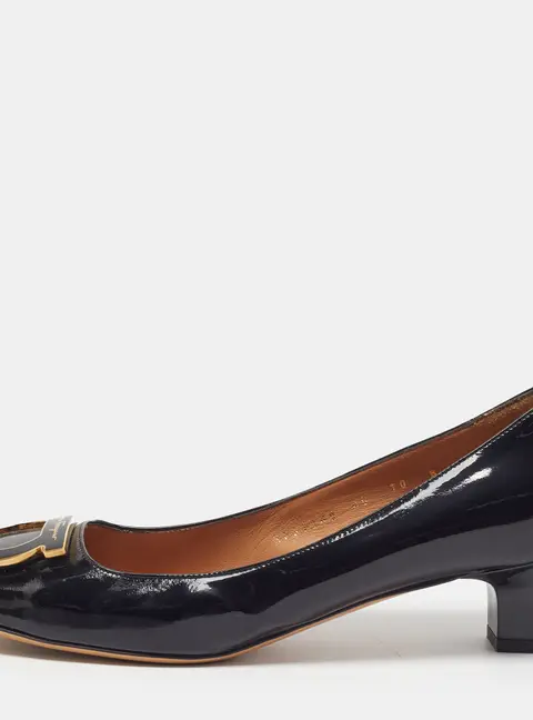 Salvatore Ferragamo Ena Size 40 Black Patent Leather Block Heel Pumps