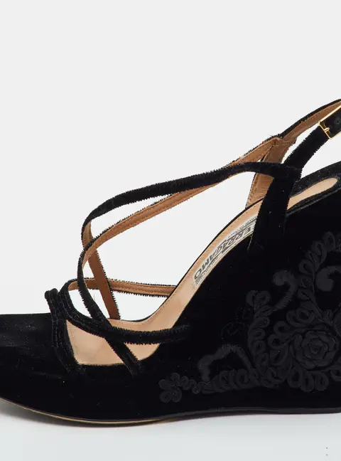 Salvatore Ferragamo Size 39 Black Velvet Strappy Platform Wedge Sandals