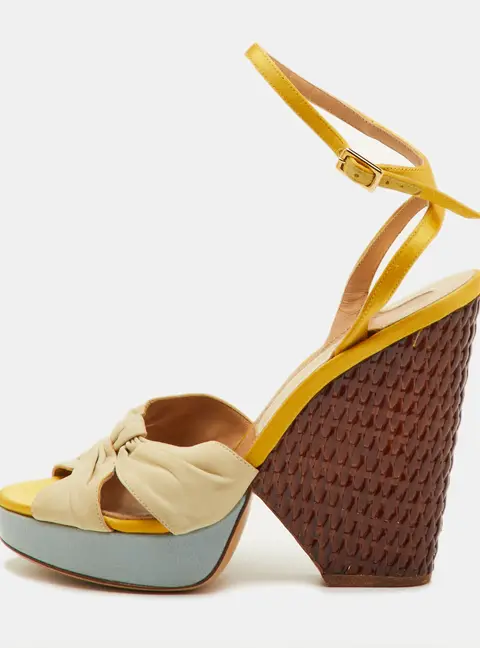 Salvatore Ferragamo Luna Size 36.5 Multicolor Leather and Satin Platform Wedge Sandals