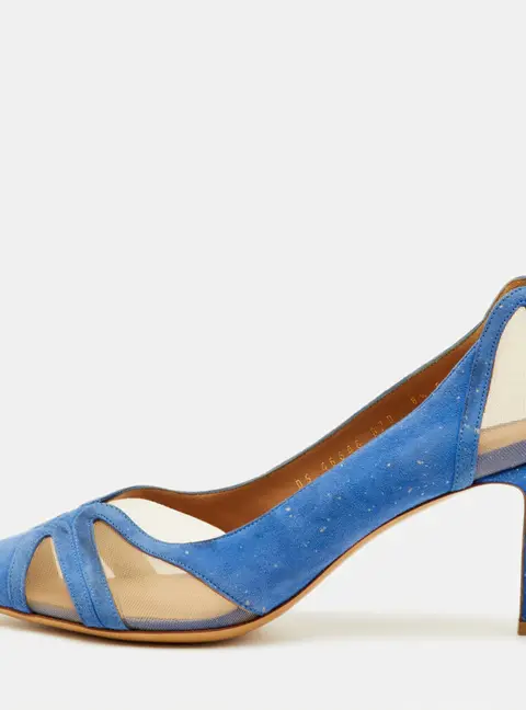 Salvatore Ferragamo Size 39 Blue Mesh and Suede Pointed Toe Pumps
