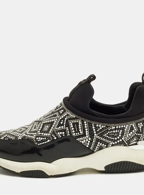 Salvatore Ferragamo Size 38.5 Black Neoprene and Patent Crystal Embellished Low Top Sneakers