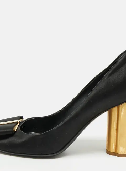 Salvatore Ferragamo Capua Size 38 Black Satin Block Heel Pumps