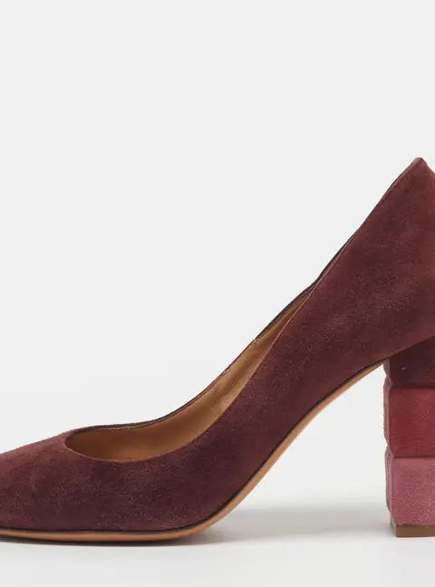 Salvatore Ferragamo Madia Size 37.5 Burgundy Suede Block Heel Pumps