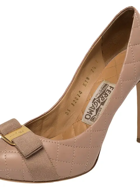 Salvatore Ferragamo Pink Quilted Leather Vara Bow Platform Pumps Size 38