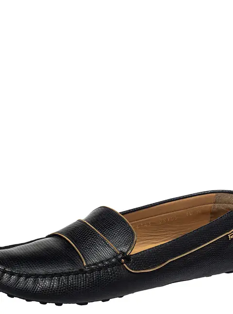 Salvatore Ferragamo Black Lizard Embossed Leather Slip On Loafers Size 40.5